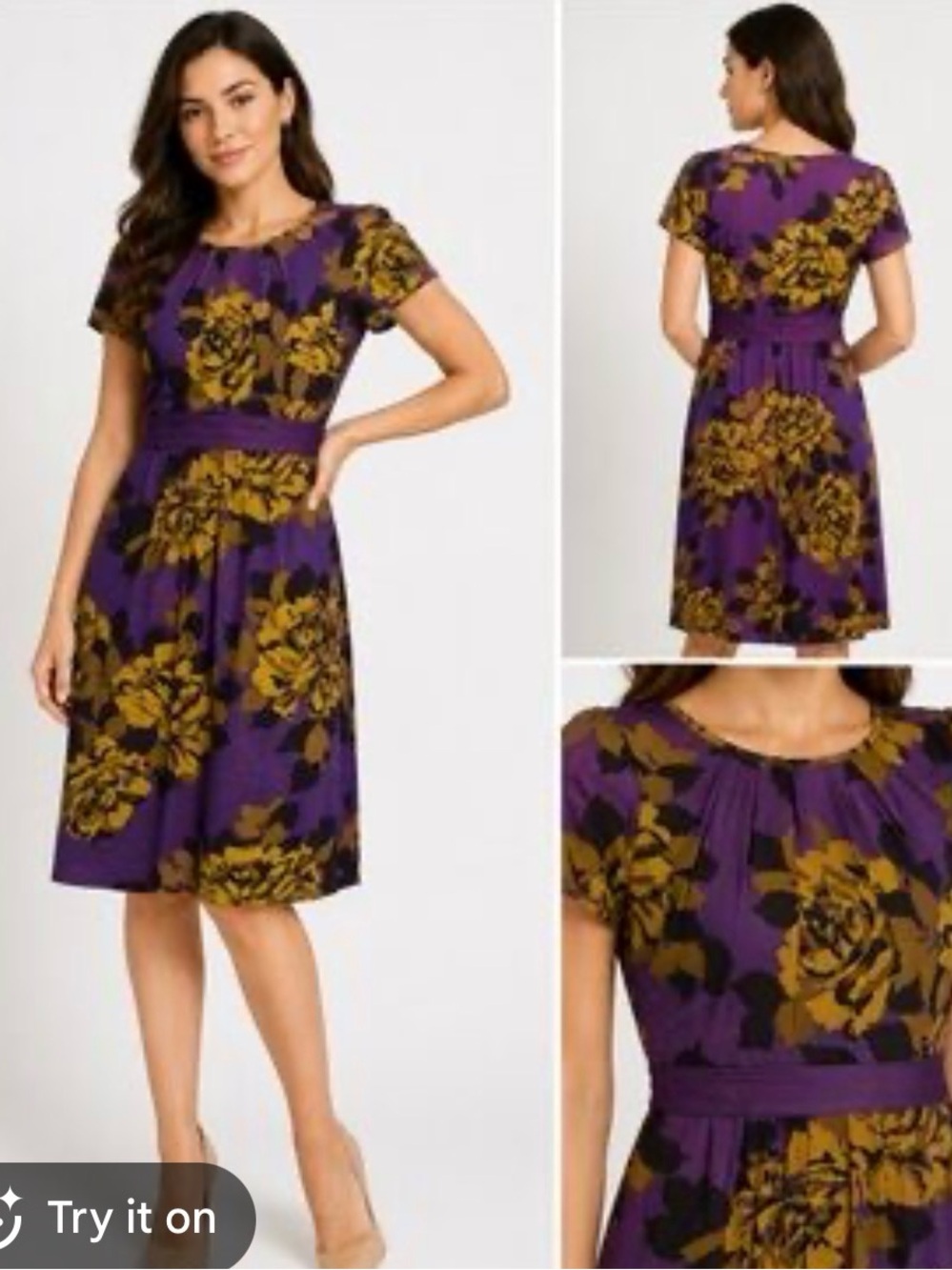 Boden Royal Purple Cinch Waist Belted Midi Dress with Green Floral Print